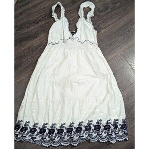 Sam & Max Women's Large Cotton Dress White With Blue Flowers Ruffled Pre-loved